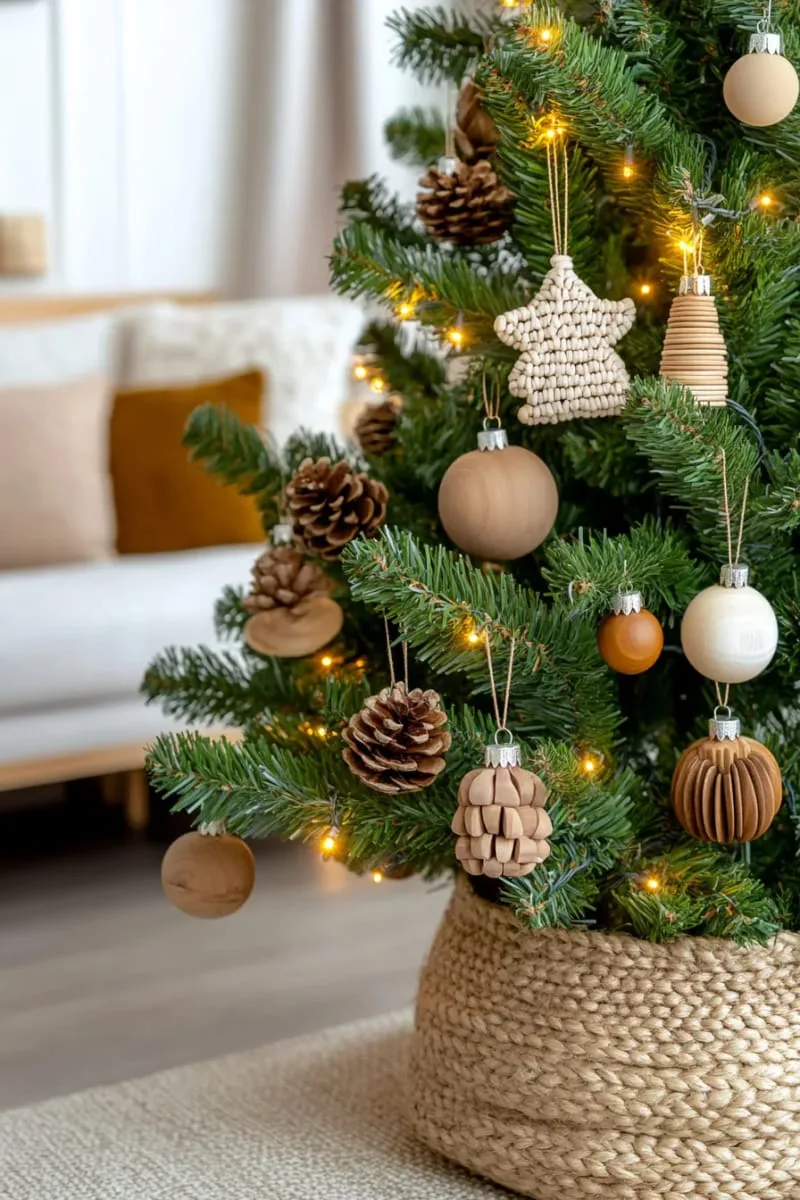 wooden bead ornaments on a natural pine tree 1