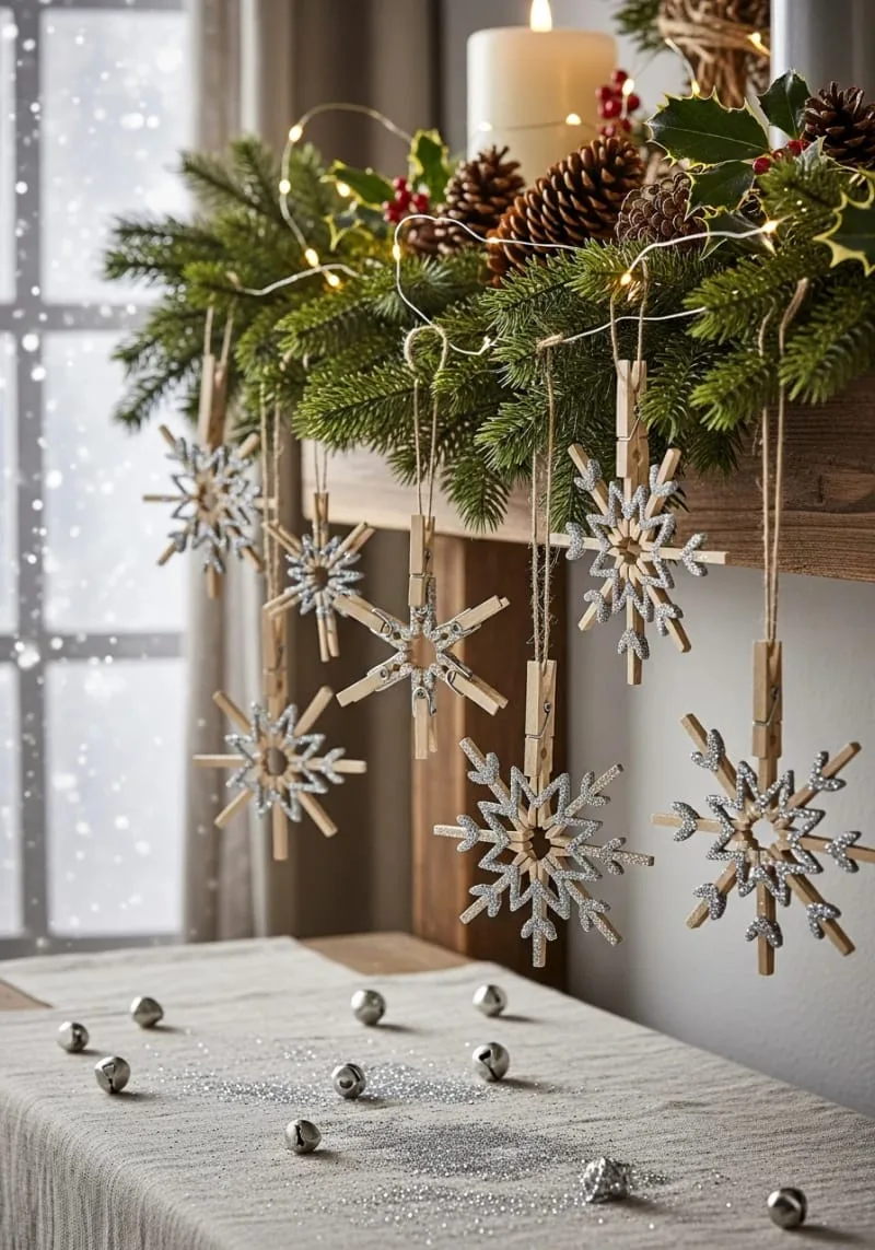 25 Upcycled Christmas Crafts DIY: Unique & Budget Friendly Decor Ideas 96 wooden clothespin snowflake ornaments dusted with silver glitter 1