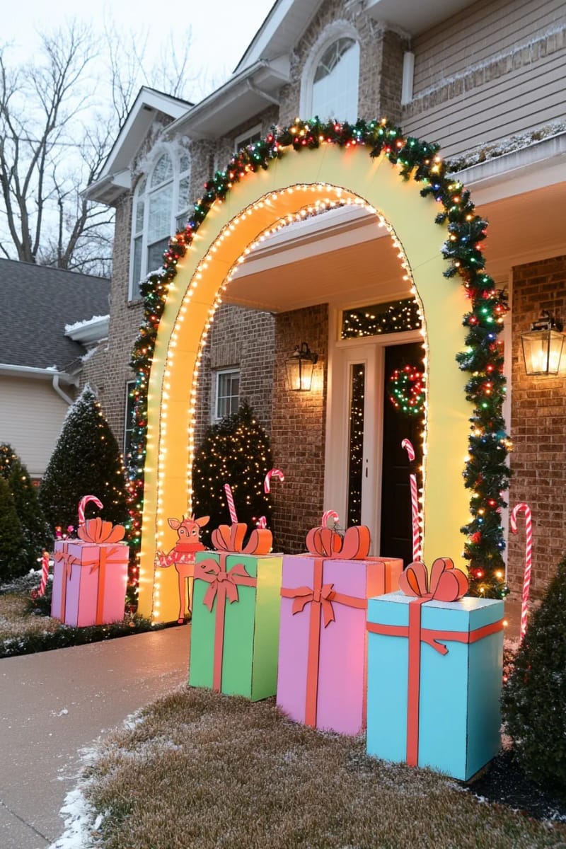 wooden cutout presents stacked beneath a sparkling archway 1