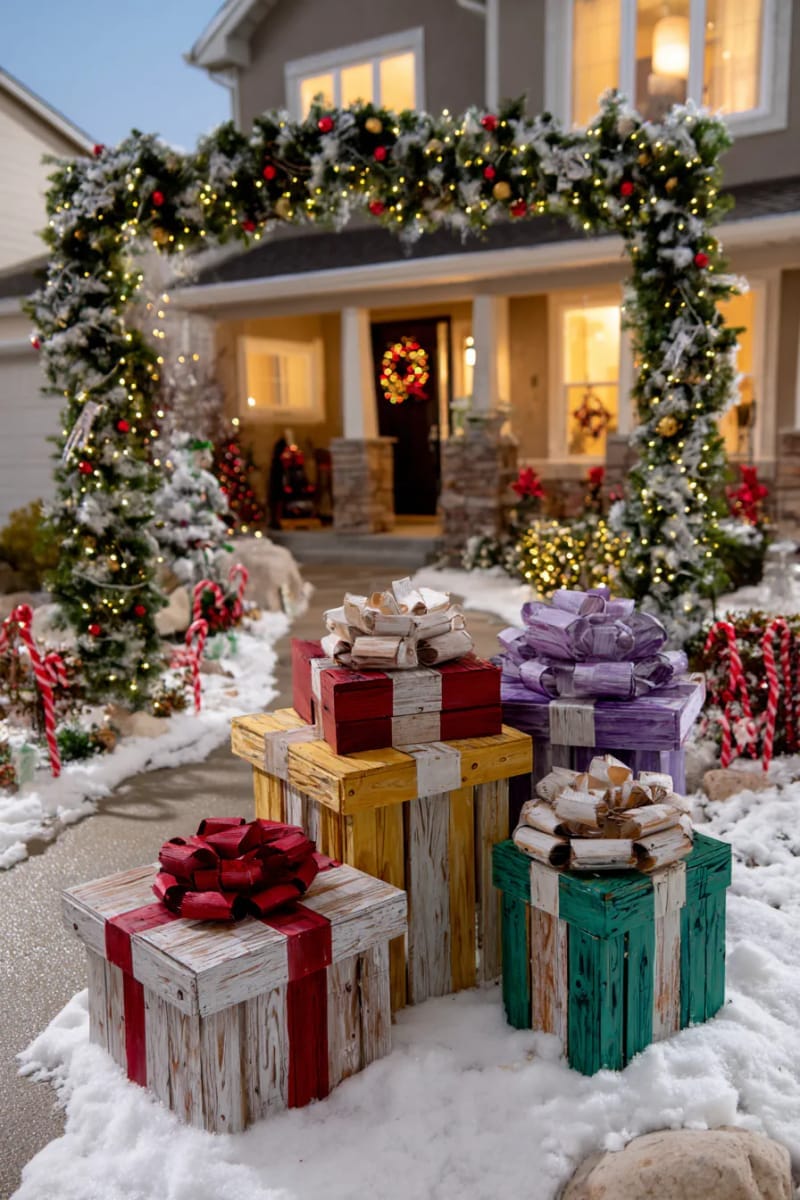wooden cutout presents stacked beneath a sparkling archway 1