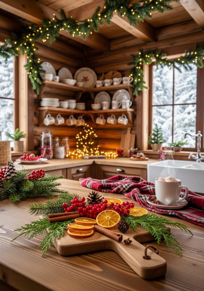 23 Christmas Countertop Decor Ideas Guests Can’t Stop Talking About 12 wooden cutting board vignette with dried orange slices and greenery 1