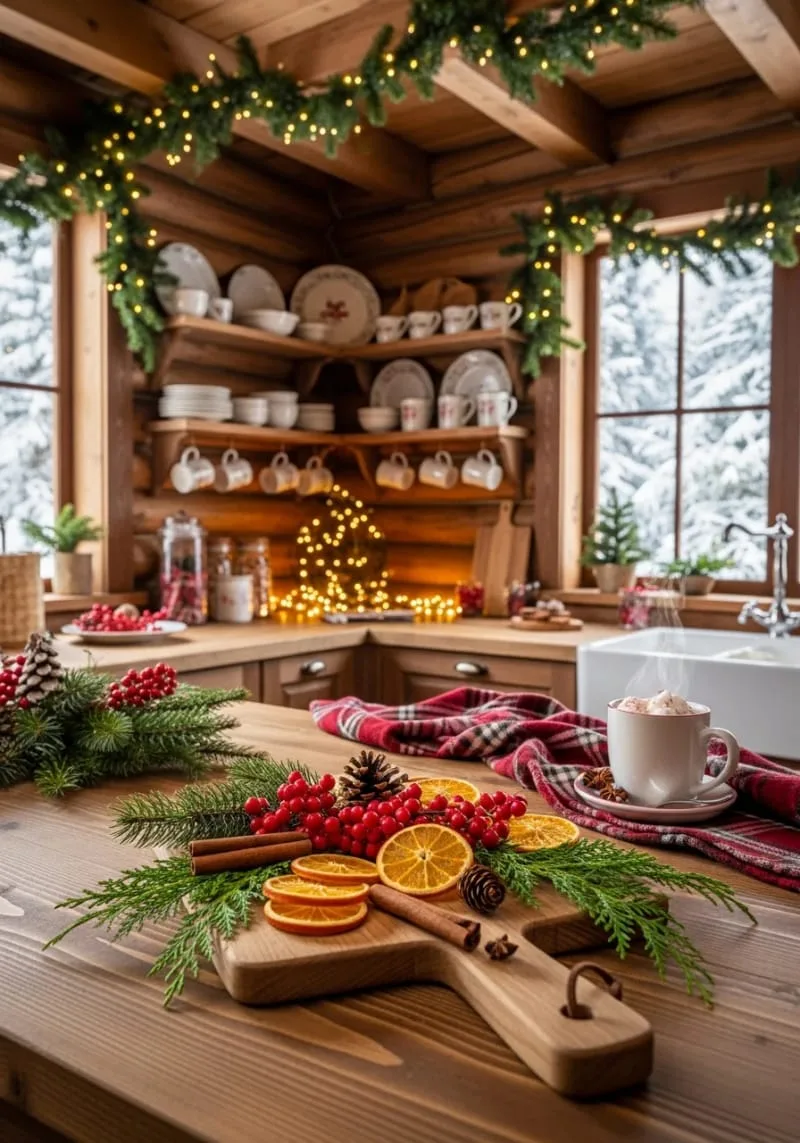 23 Christmas Countertop Decor Ideas Guests Can’t Stop Talking About 18 wooden cutting board vignette with dried orange slices and greenery 1