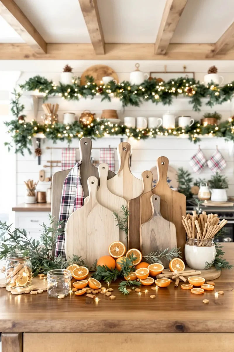 23 Christmas Countertop Decor Ideas Guests Can’t Stop Talking About 20 wooden cutting board vignette with dried orange slices and greenery 1