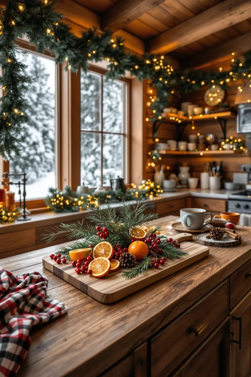 23 Christmas Countertop Decor Ideas Guests Can’t Stop Talking About 11 wooden cutting board vignette with dried orange slices and greenery 1