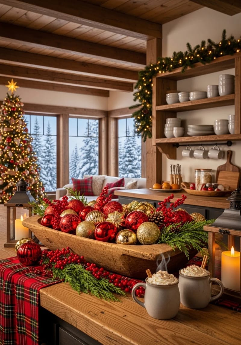 23 Christmas Countertop Decor Ideas Guests Can’t Stop Talking About 43 wooden dough bowl overflowing with ornaments and fresh greenery 1