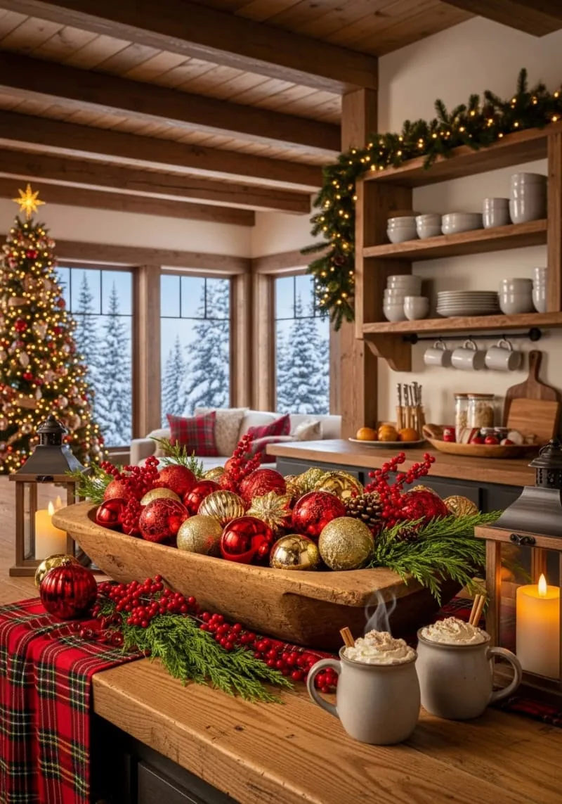 23 Christmas Countertop Decor Ideas Guests Can’t Stop Talking About 68 wooden dough bowl overflowing with ornaments and fresh greenery 1