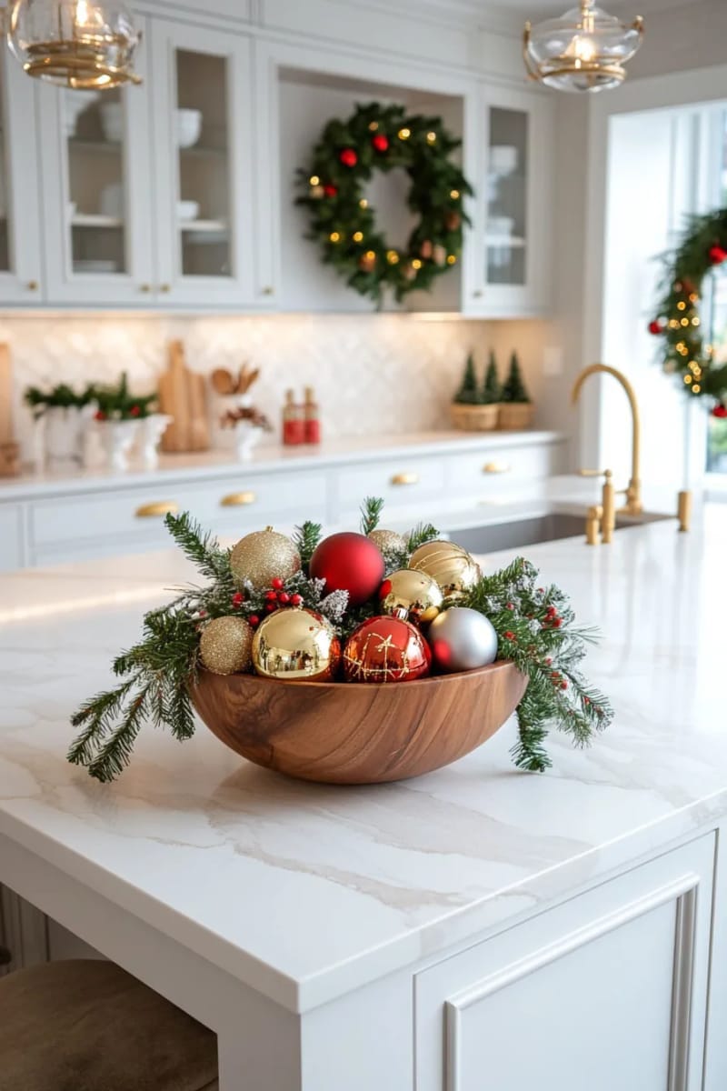 23 Christmas Countertop Decor Ideas Guests Can’t Stop Talking About 44 wooden dough bowl overflowing with ornaments and fresh greenery 1