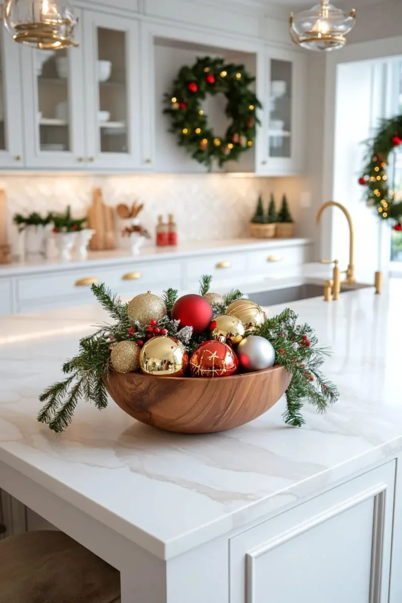 23 Christmas Countertop Decor Ideas Guests Can’t Stop Talking About 69 wooden dough bowl overflowing with ornaments and fresh greenery 1
