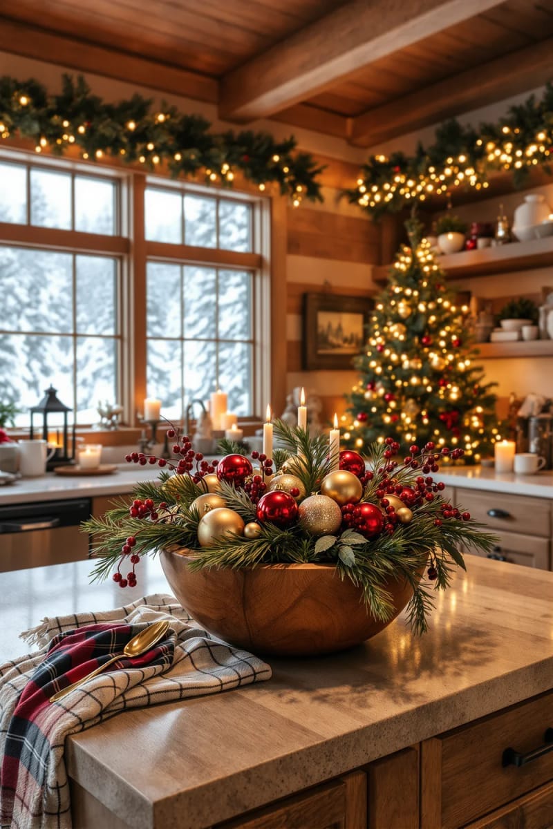 23 Christmas Countertop Decor Ideas Guests Can’t Stop Talking About 45 wooden dough bowl overflowing with ornaments and fresh greenery 1