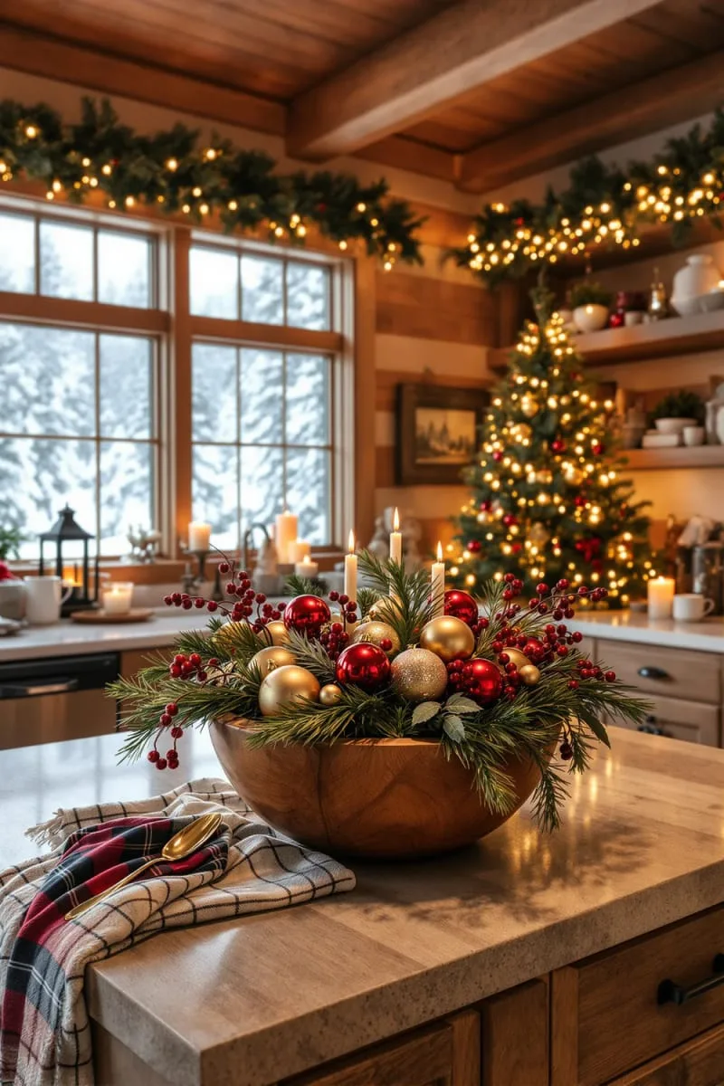 23 Christmas Countertop Decor Ideas Guests Can’t Stop Talking About 72 wooden dough bowl overflowing with ornaments and fresh greenery 1