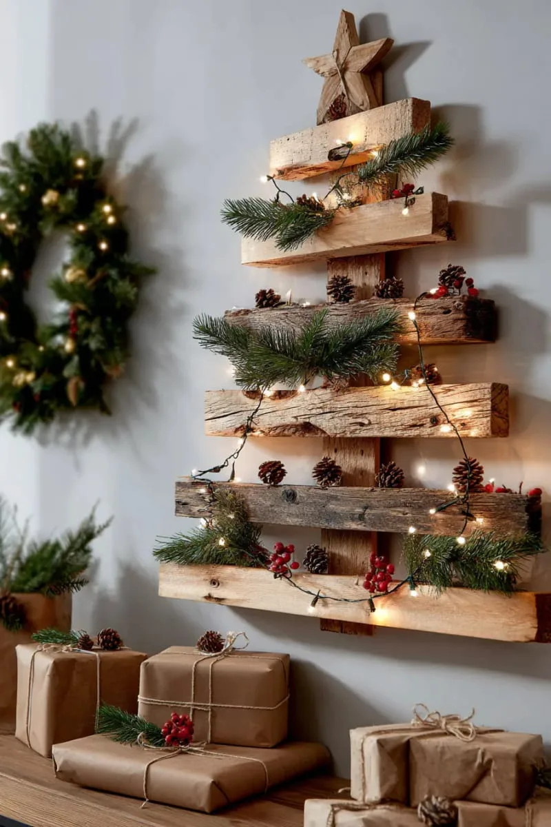 25 Upcycled Christmas Crafts DIY: Unique & Budget Friendly Decor Ideas 35 wooden pallet christmas tree wall art with string light accents 1