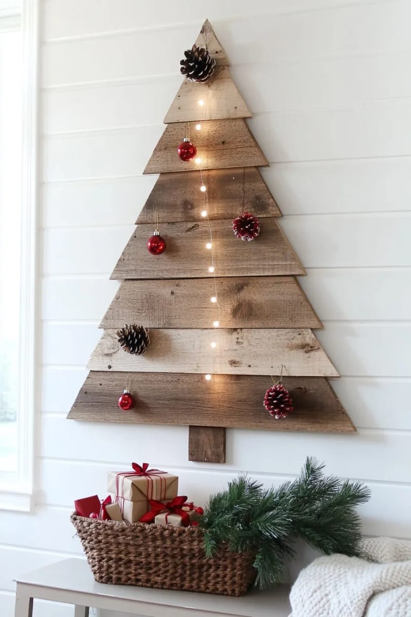 25 Upcycled Christmas Crafts DIY: Unique & Budget Friendly Decor Ideas 37 wooden pallet christmas tree wall art with string light accents 1