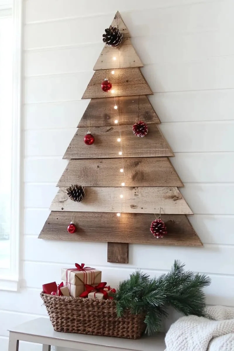 25 Upcycled Christmas Crafts DIY: Unique & Budget Friendly Decor Ideas 36 wooden pallet christmas tree wall art with string light accents 1