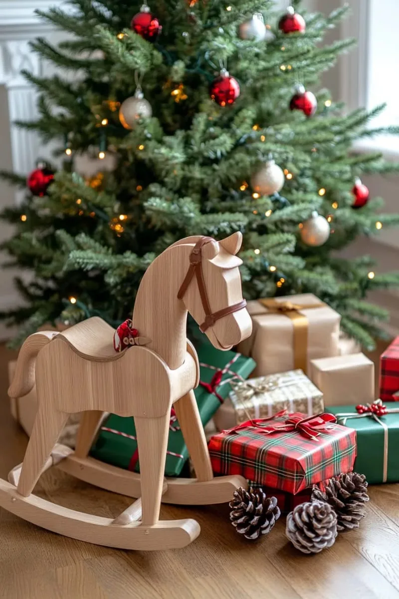 25 Traditional Christmas Decor Ideas with a Nostalgic Vintage Touch 17 wooden rocking horse beside a tree with tartan-wrapped gifts 1