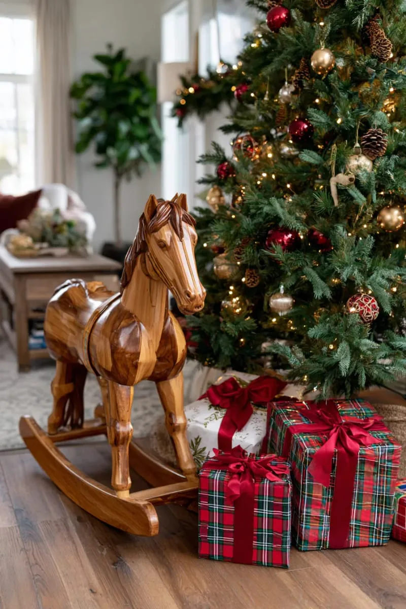 25 Traditional Christmas Decor Ideas with a Nostalgic Vintage Touch 18 wooden rocking horse beside a tree with tartan-wrapped gifts 1