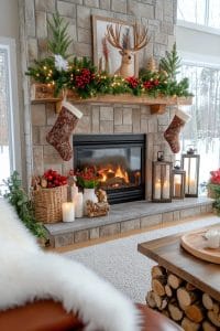 woodland deer, faux fur stockings, and pine sprigs for rustic charm 39