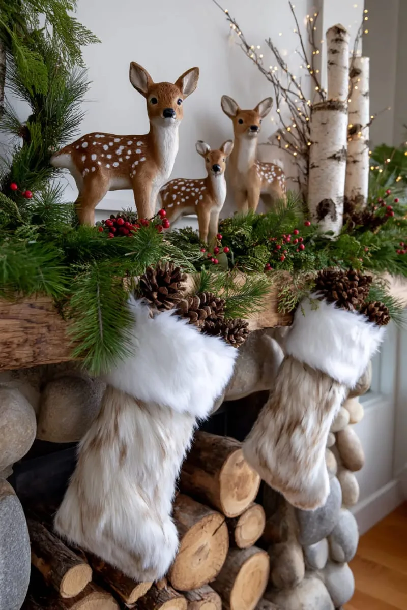 woodland deer, faux fur stockings, and pine sprigs for rustic charm 1