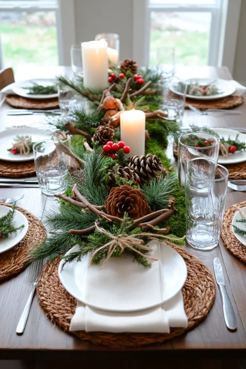 29 Inspiring Natural Christmas Decor Ideas for Modern Homes 59 woodland inspired table setting with moss, twigs, and foraged greenery 1