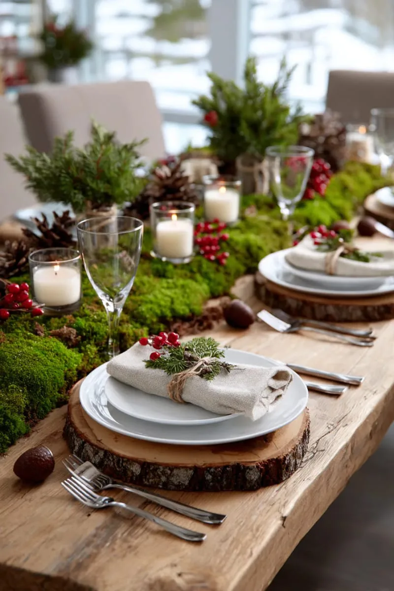woodland inspired table setting with moss, twigs, and foraged greenery 1