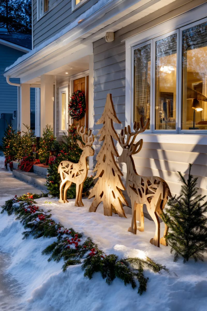 woodland reindeer and pine tree silhouettes casting dramatic shadows on the house 1