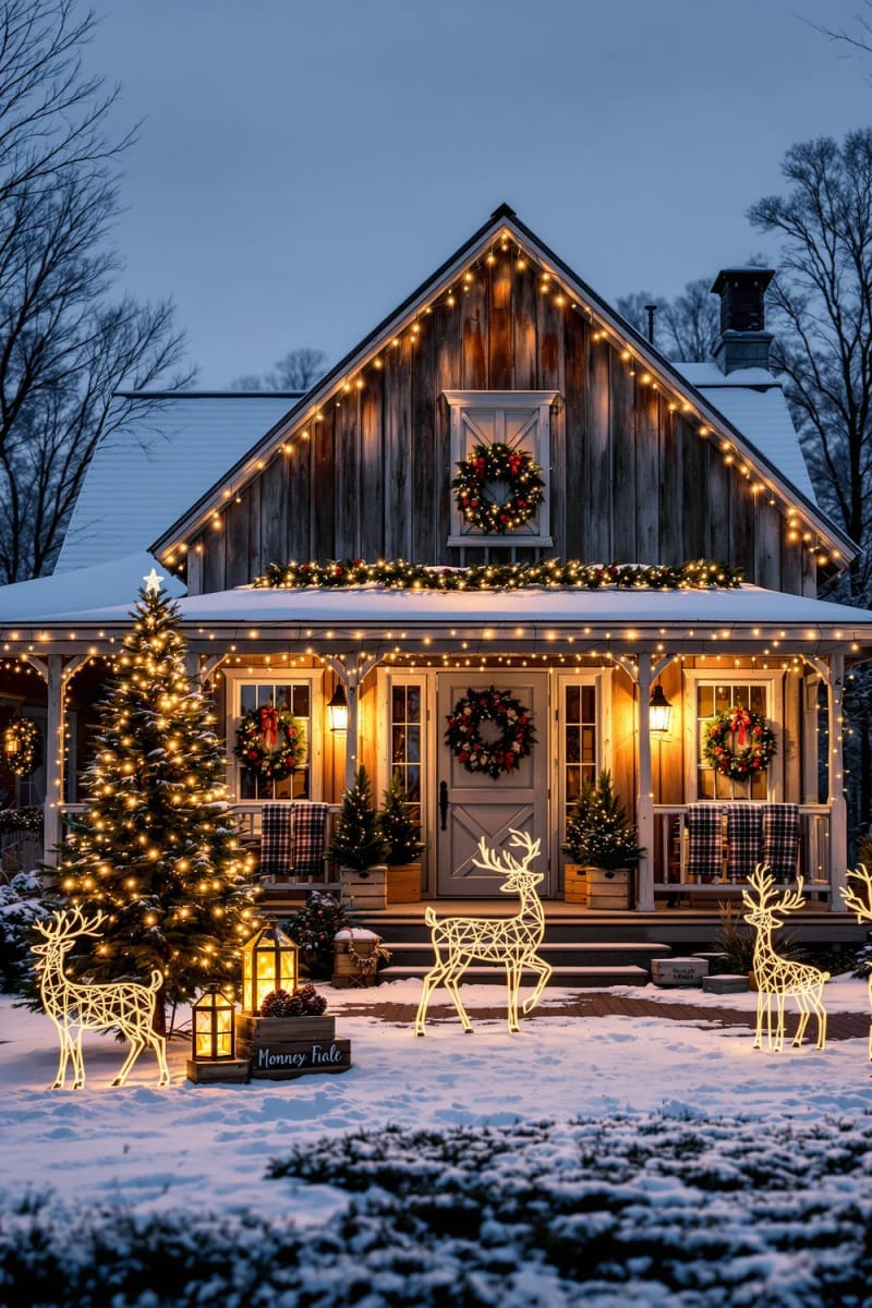 woodland reindeer and pine tree silhouettes casting dramatic shadows on the house 1