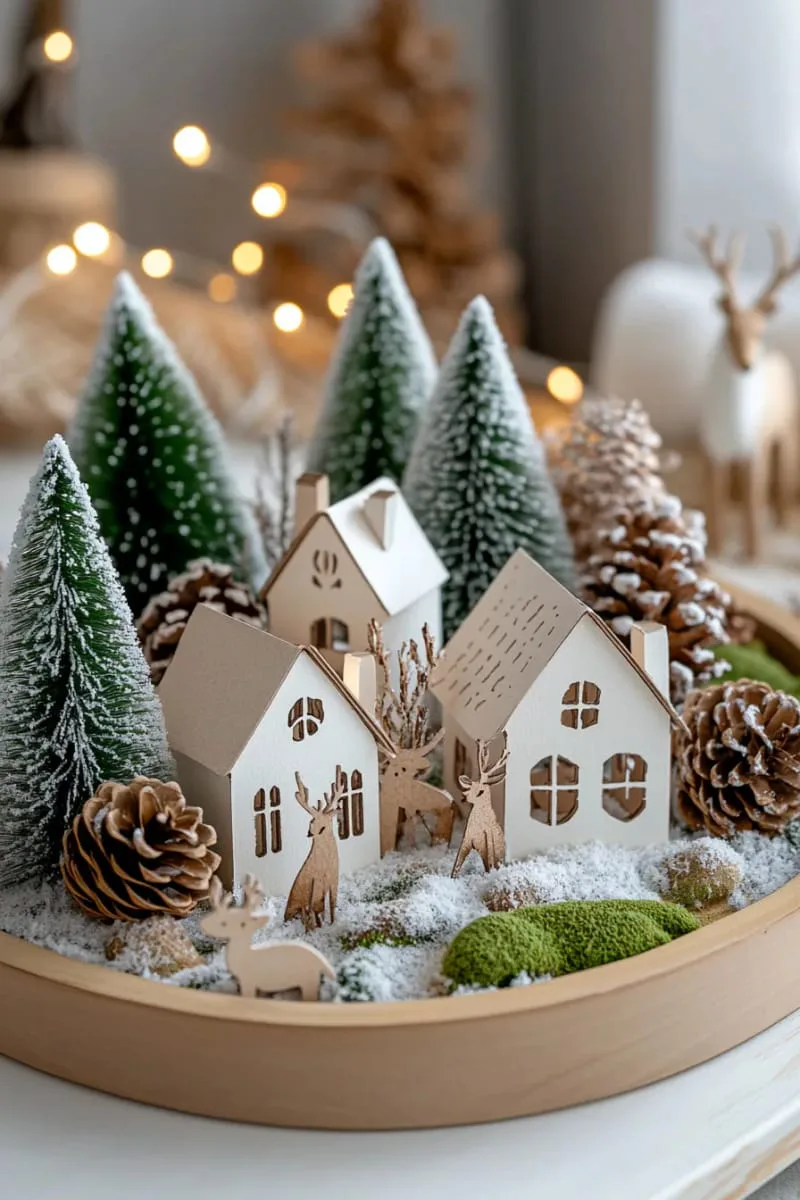 woodland village display with paper houses and bottlebrush trees 1