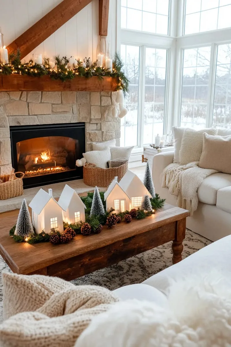 woodland village display with paper houses and bottlebrush trees 1