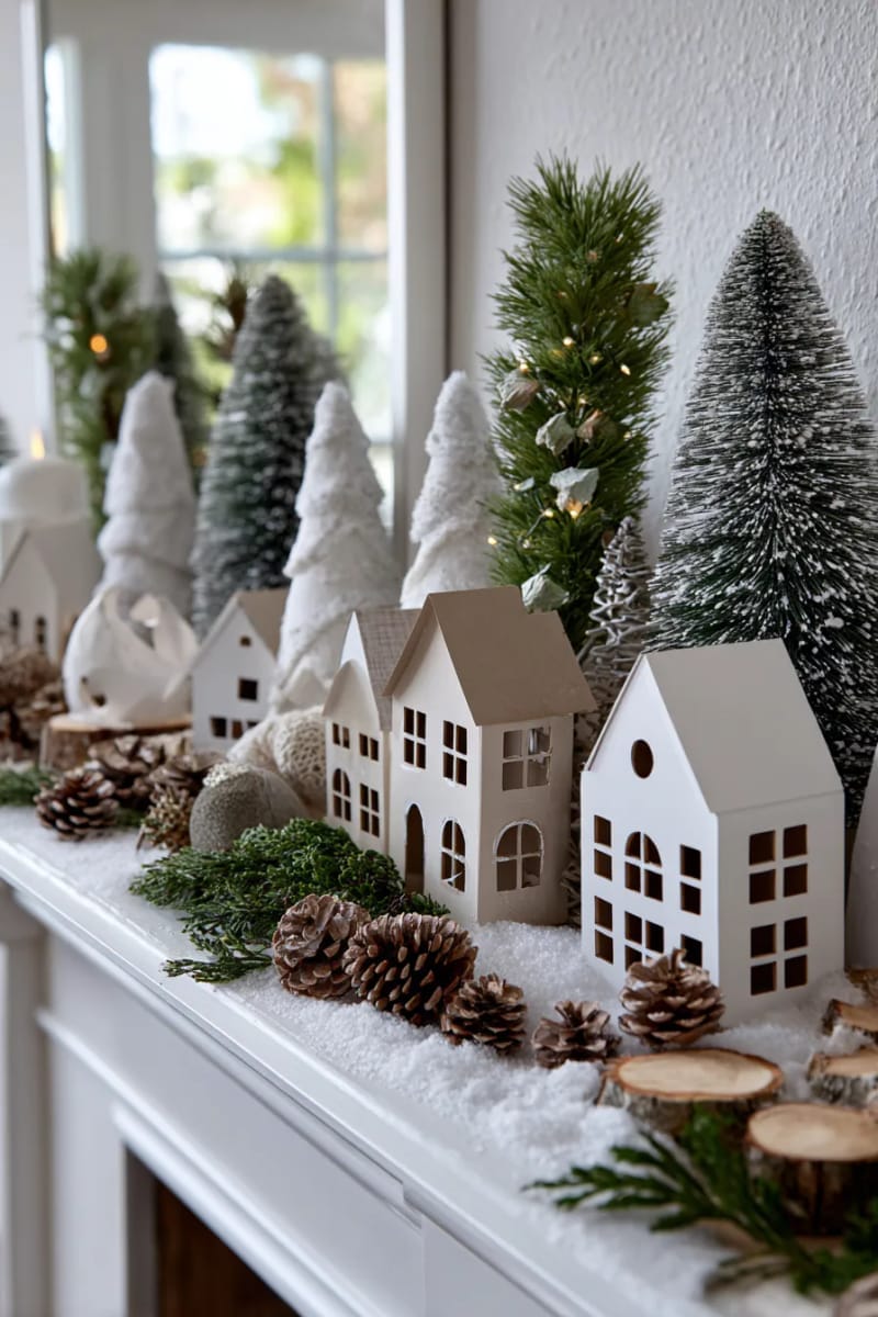 25 Gorgeous Winter Decor Ideas (Not Christmas) for a Serene Home 21 woodland village display with paper houses and bottlebrush trees 1
