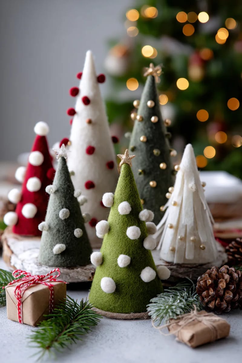 wool felt christmas tree cones decorated with mini pom poms 1