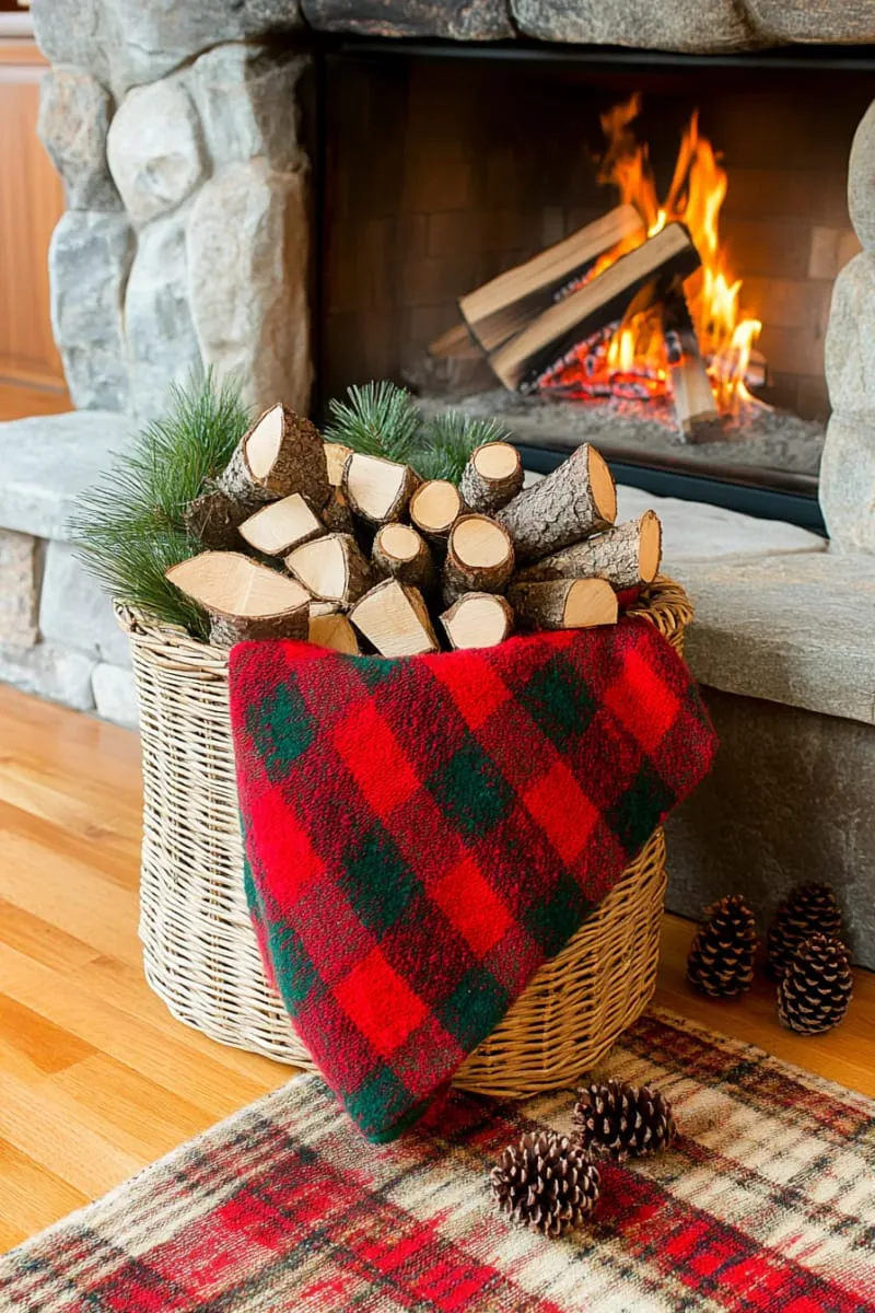 woven basket with firewood and plaid wool blanket 1
