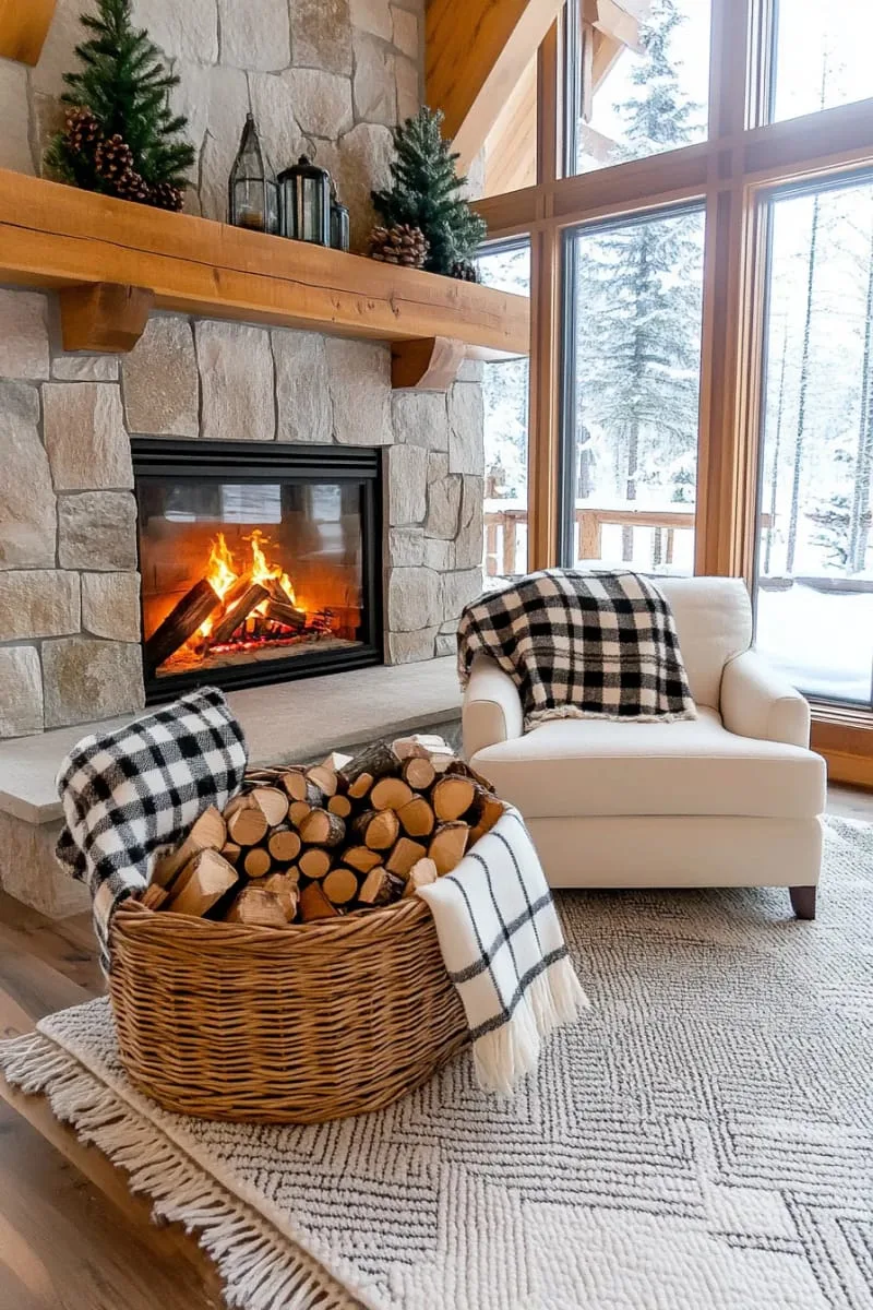 woven basket with firewood and plaid wool blanket 1