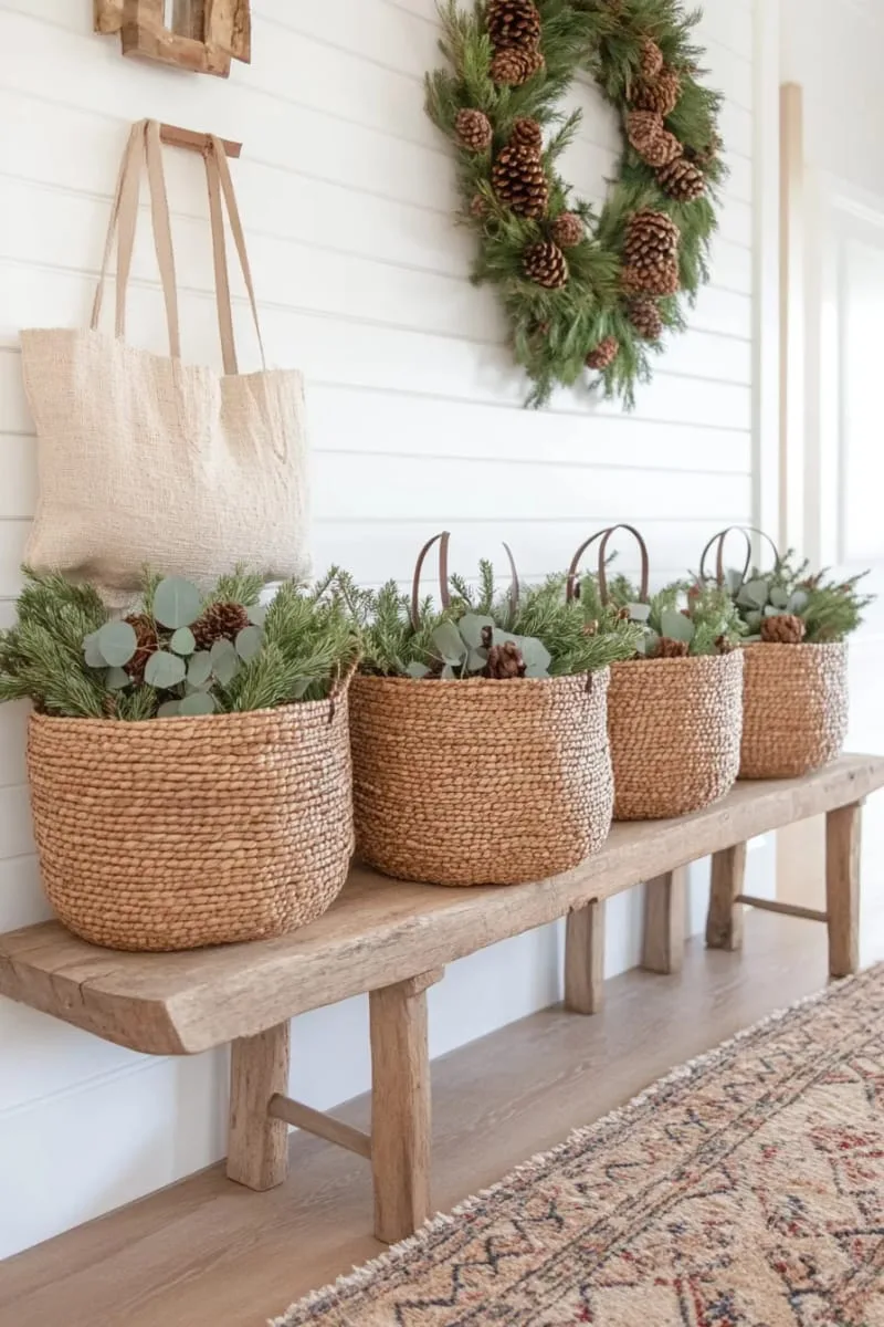 woven seagrass baskets filled with pinecones and greenery 1