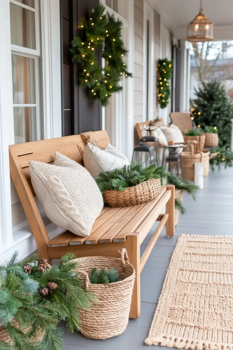 woven seagrass baskets filled with pinecones and greenery 1