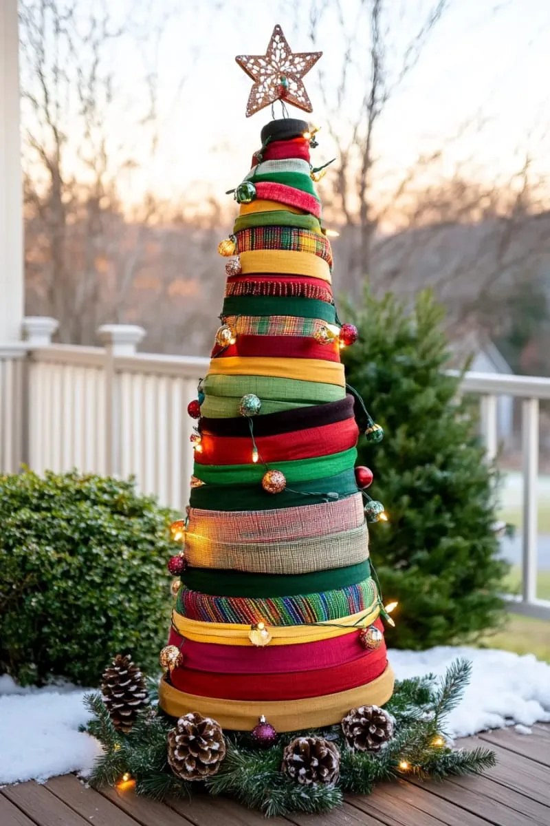 27 Sustainable Christmas Trees For Cheap and Eco-Friendly Decor 37 wrap a tomato cage with recycled fabric for a colorful outdoor christmas tree. 1