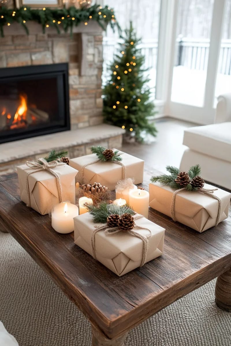 wrapped gifts with kraft paper, twine, and sprigs of evergreen 1
