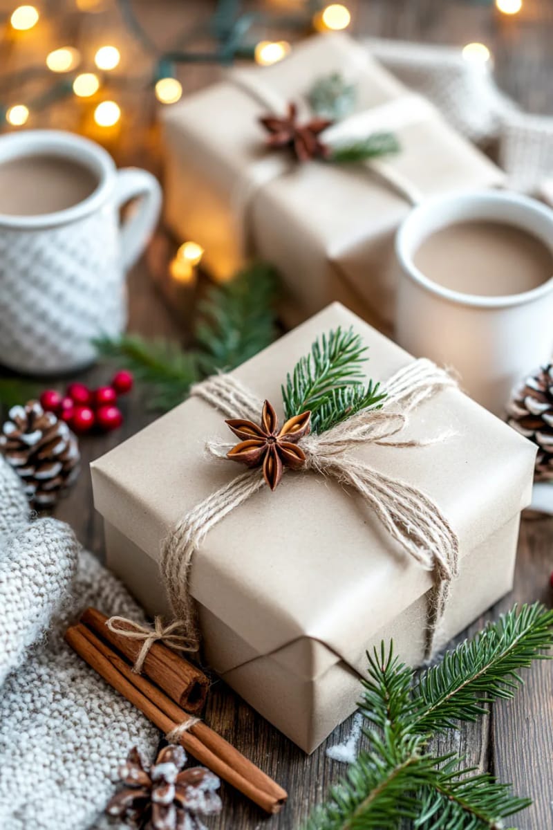 wrapped gifts with kraft paper, twine, and sprigs of evergreen 1