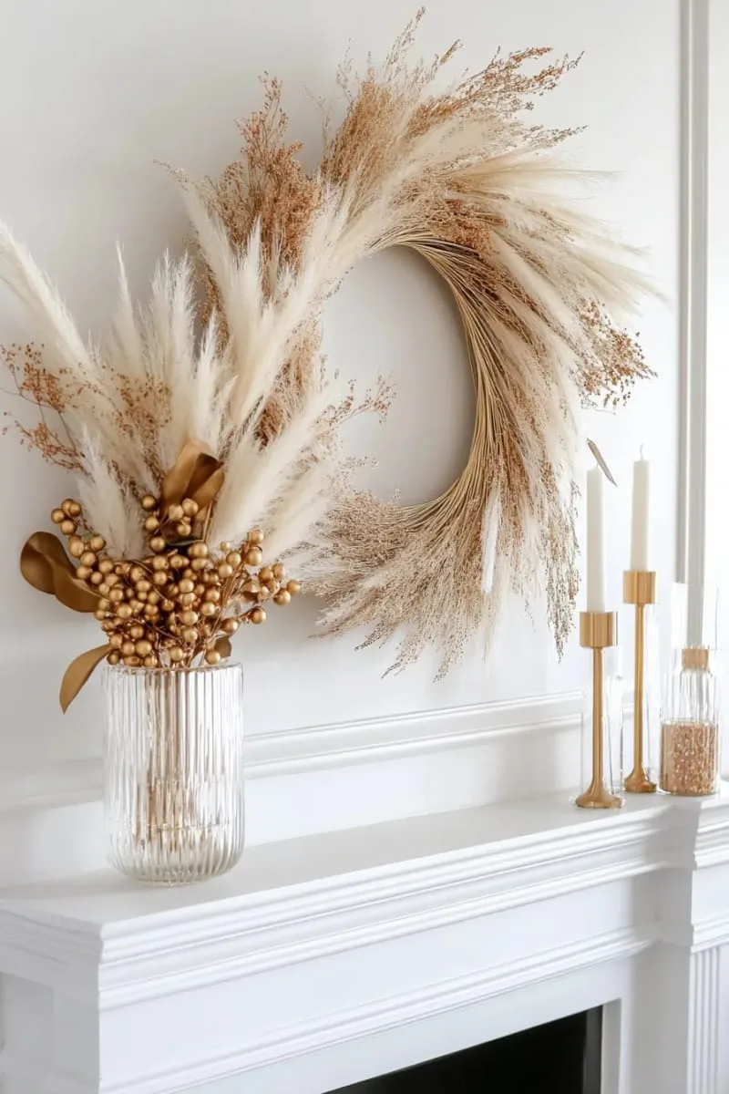 wreath made from dried pampas grass and gold details 1