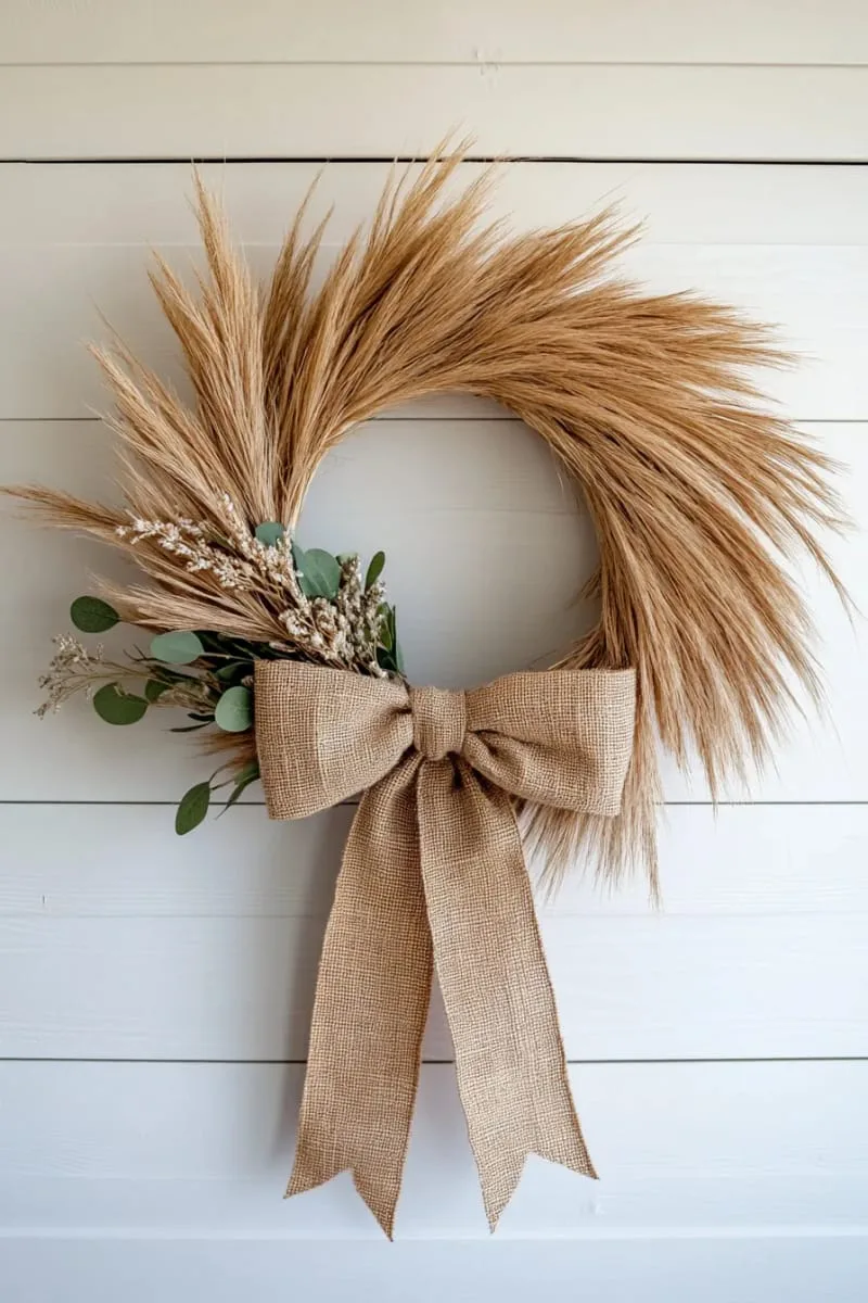 wreath of dried pampas grass with a burlap bow 1