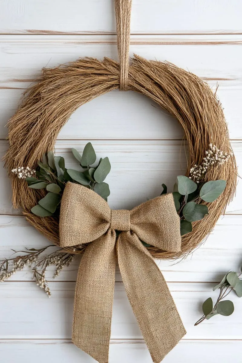 wreath of dried pampas grass with a burlap bow 1