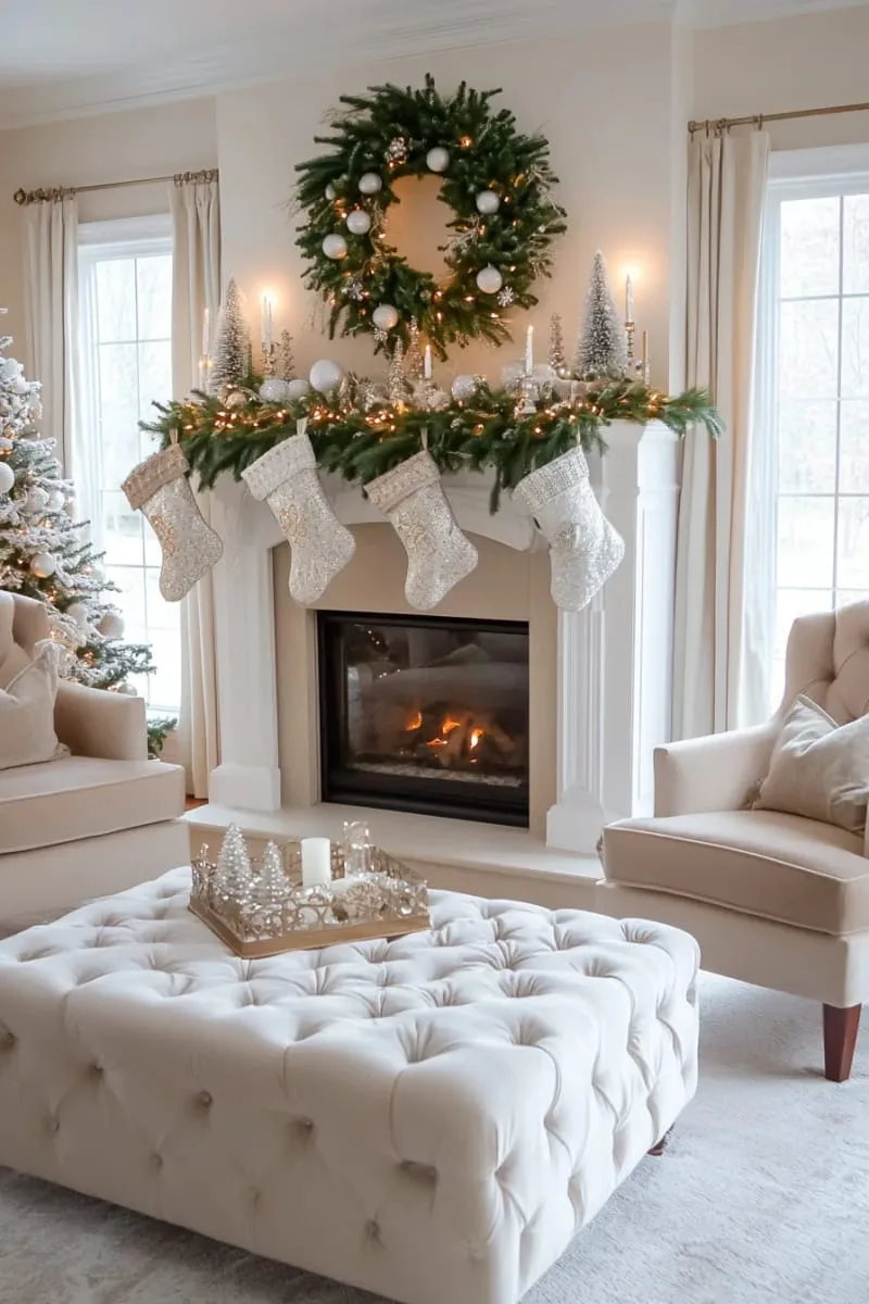 wreath trio hung at staggered heights above a frosted garland 1