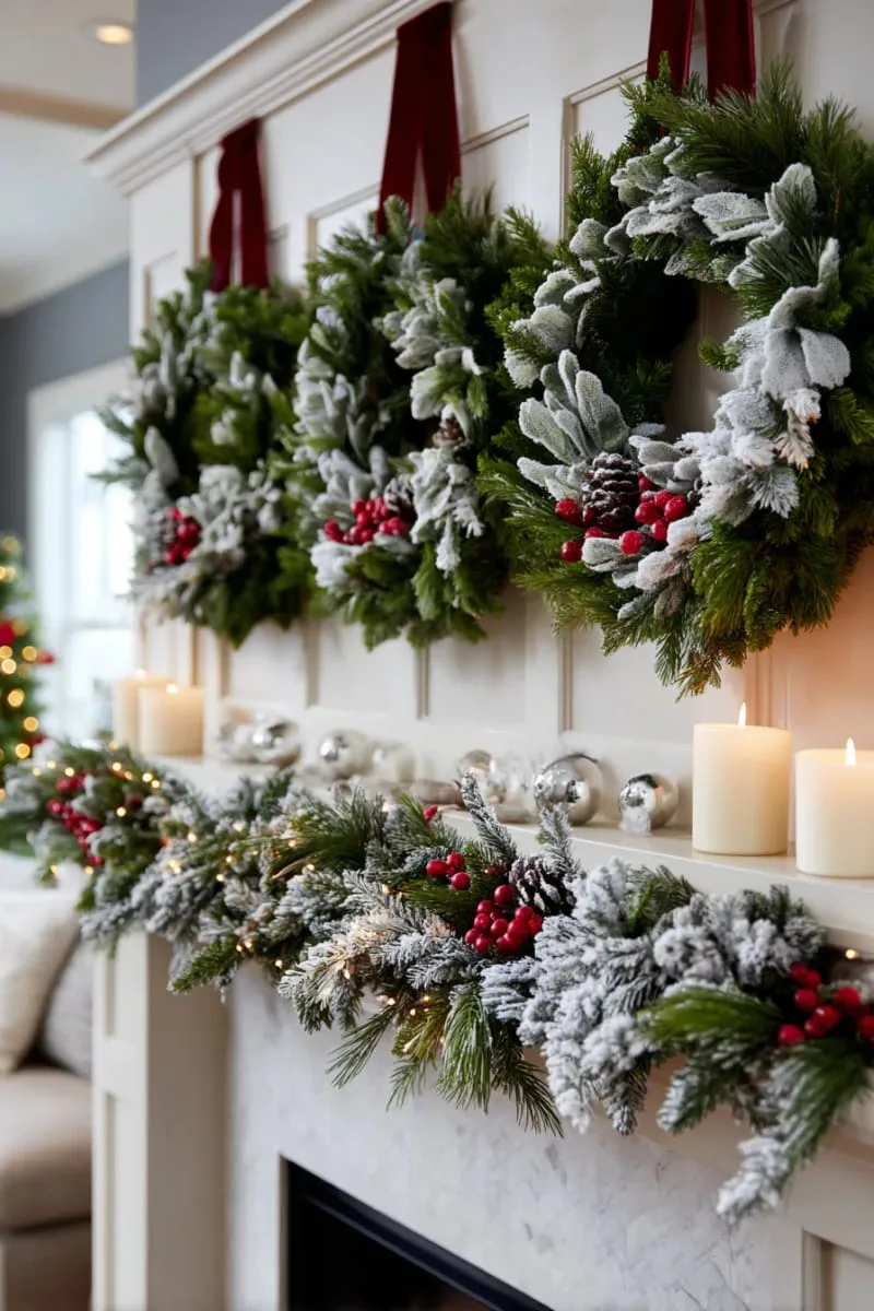 wreath trio hung at staggered heights above a frosted garland 1
