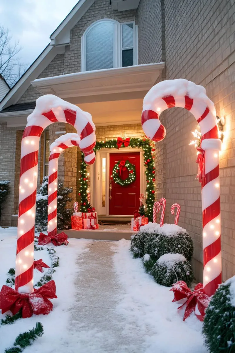 23 Exterior Christmas Decor Ideas Guests Will Remember All Season Long 20 wreath-wrapped front porch columns with giant candy cane accents and red bows 1