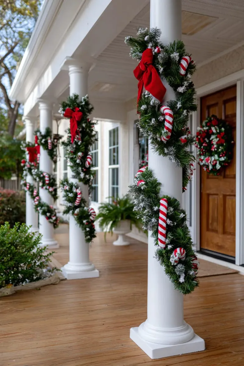 23 Exterior Christmas Decor Ideas Guests Will Remember All Season Long 21 wreath-wrapped front porch columns with giant candy cane accents and red bows 1
