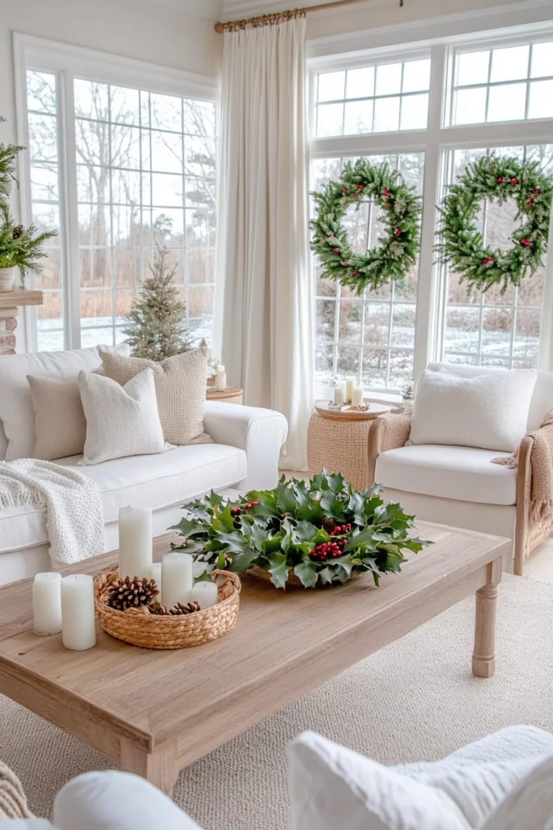 wreaths of holly and eucalyptus over every window for a natural touch 1