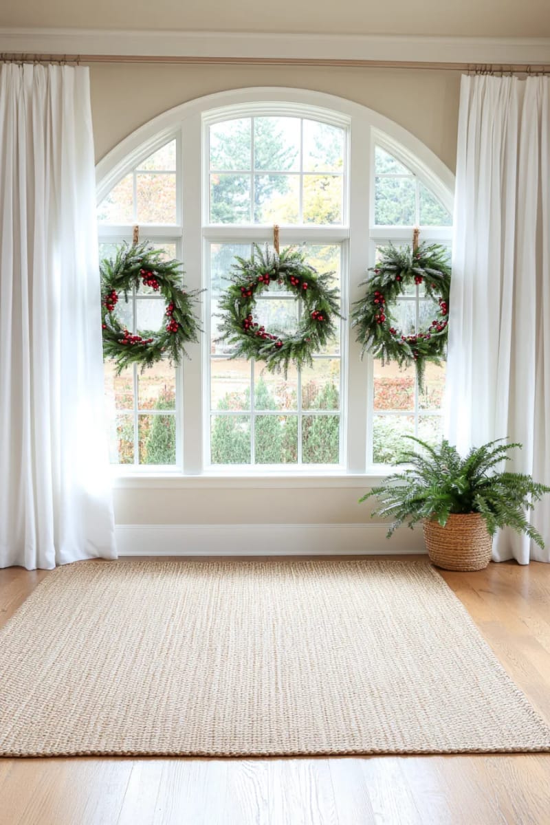 wreaths of holly and eucalyptus over every window for a natural touch 1