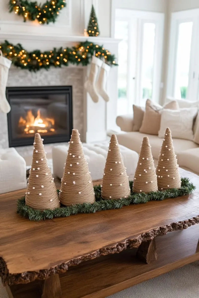 25 Upcycled Christmas Crafts DIY: Unique & Budget Friendly Decor Ideas 102 yarn-wrapped cardboard trees with pearl bead garlands 1