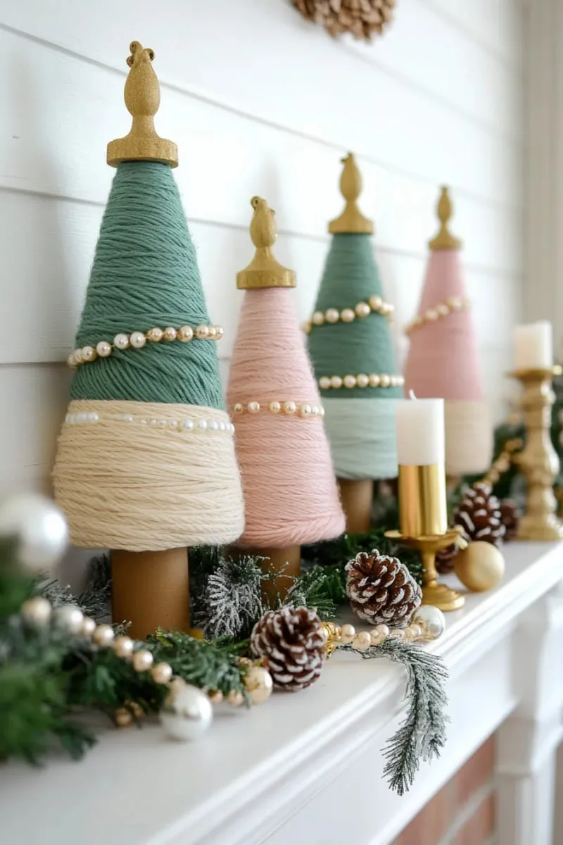 25 Upcycled Christmas Crafts DIY: Unique & Budget Friendly Decor Ideas 106 yarn-wrapped cardboard trees with pearl bead garlands 1