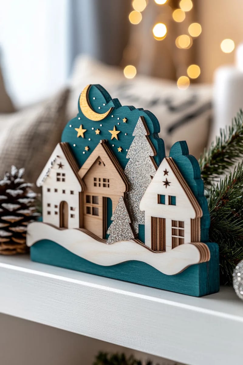 21 Wooden Christmas Ornament Ideas for a Warm and Natural Holiday Decor 48 3d layered wood ornament of a snowy village under starlit sky 1