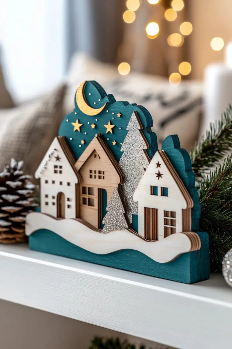 3d layered wood ornament of a snowy village under starlit sky 1