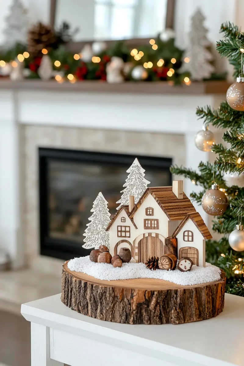 3d layered wood ornament of a snowy village under starlit sky 1